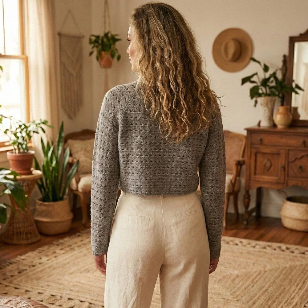 SELF CONTRAST NWT Taupe Cropped Mesh Knit Sweater Womens Size M - Picture 3 of 7